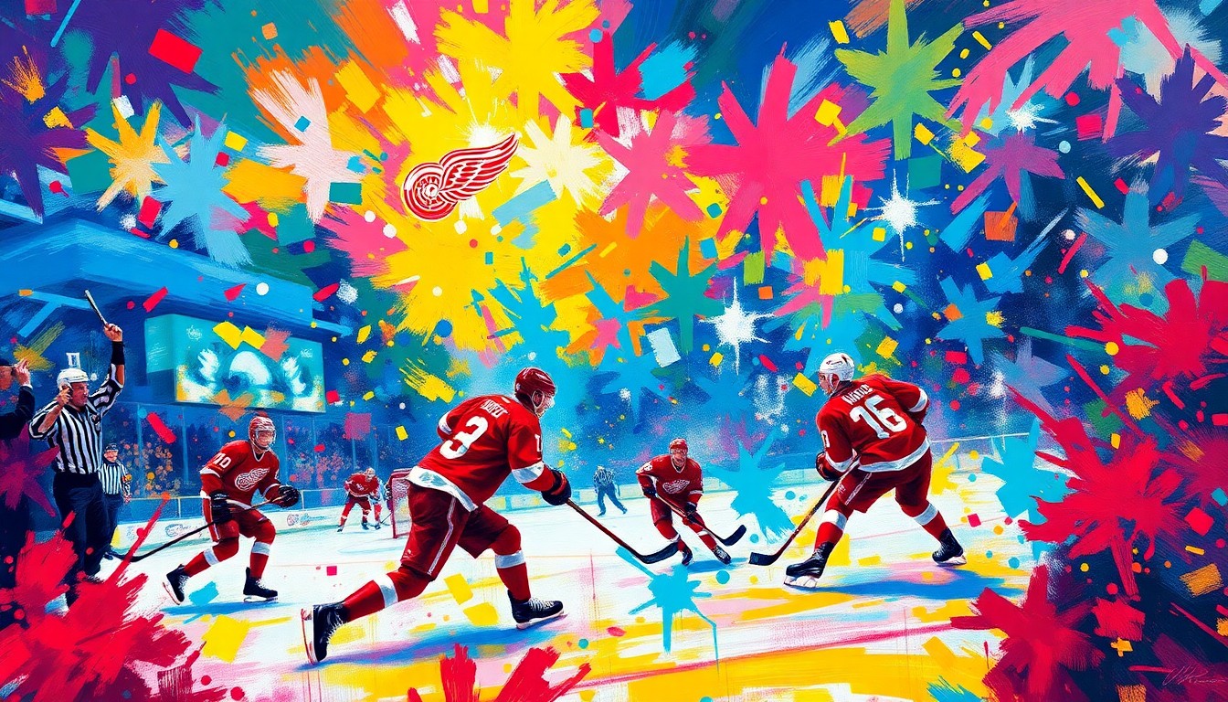 An abstract, expressionist painting in vibrant neon colors, capturing the intense energy and movement of a hockey game between the Detroit Red Wings and San Jose Sharks. The players' forms are dissolved into dynamic brushstrokes, conveying the fast-paced action and high-stakes nature of the match.