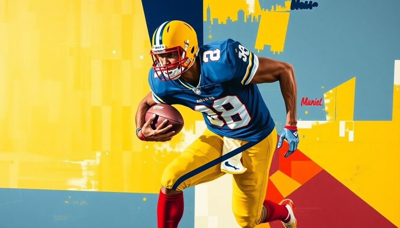 A fragmented, geometric painting depicting a college football player in motion, with sharp planes of navy blue, maize yellow, and crimson red, conveying the dynamic energy and potential of a new era for the Michigan Wolverines.