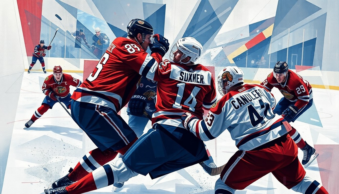 A fractured, geometric painting depicting the violent collision of two hockey players, with sharp planes of color and form conveying the intensity of the moment without showing any identifiable individuals or logos.