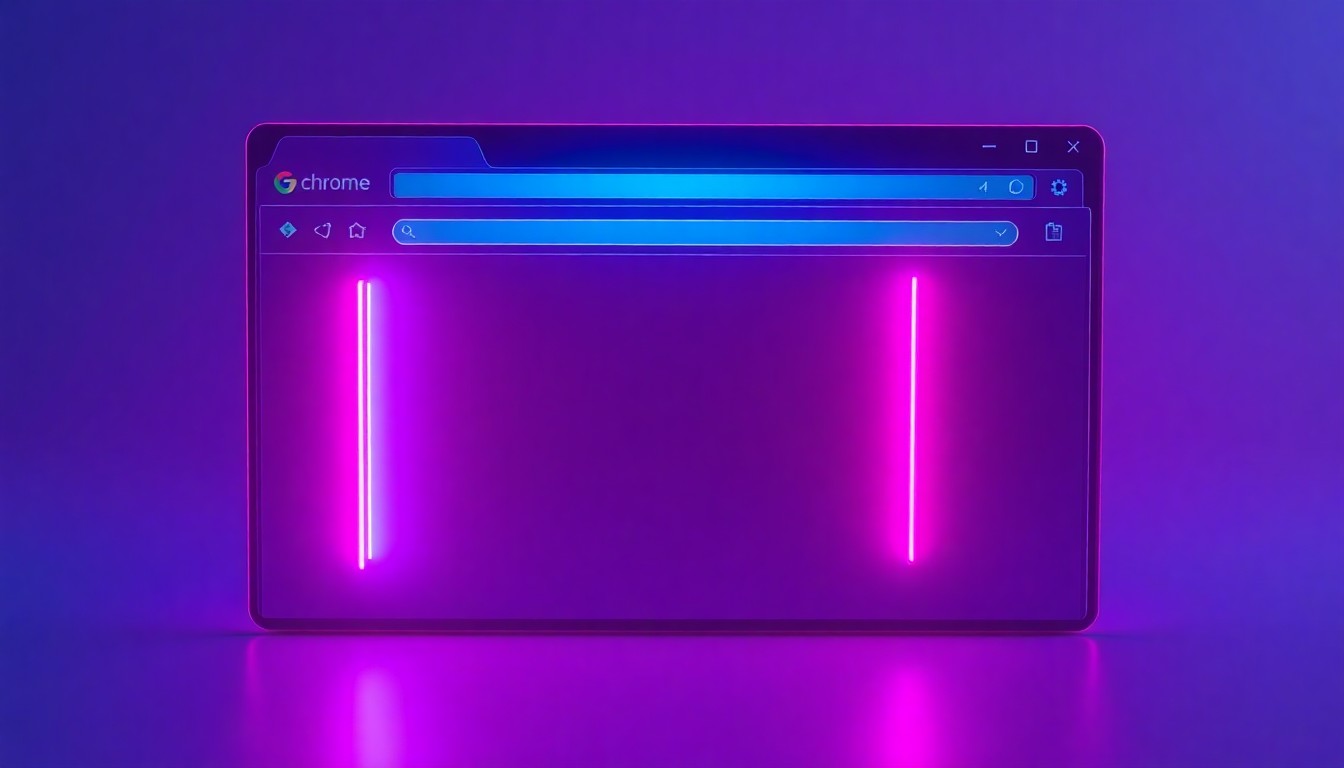 A highly detailed, glowing 3D illustration of a Chrome browser window with vertical tabs illuminated by neon cyan and magenta lights, conceptually representing the new tech-forward features of the browser.