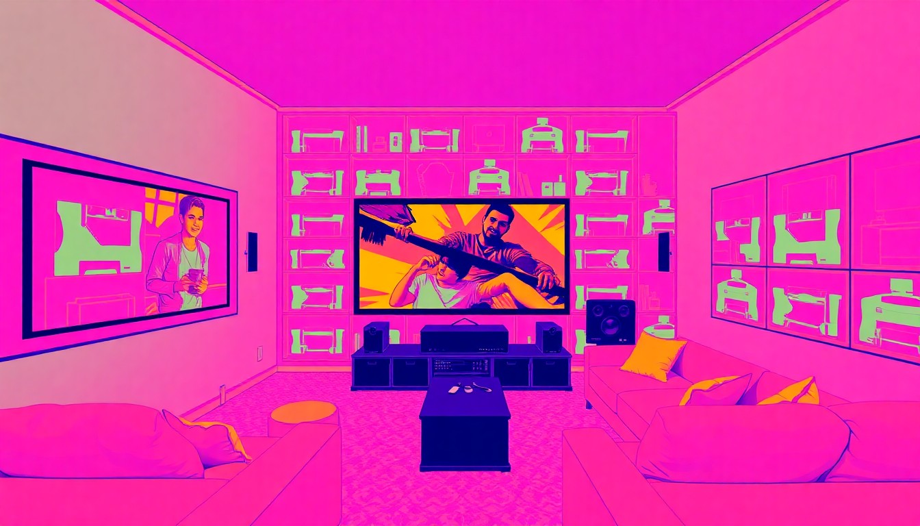 A vibrant, high-contrast silkscreen print featuring a repeated image of a luxury home movie theater setup, rendered in a bold, neon color palette that captures the energy and style of modern pop art.