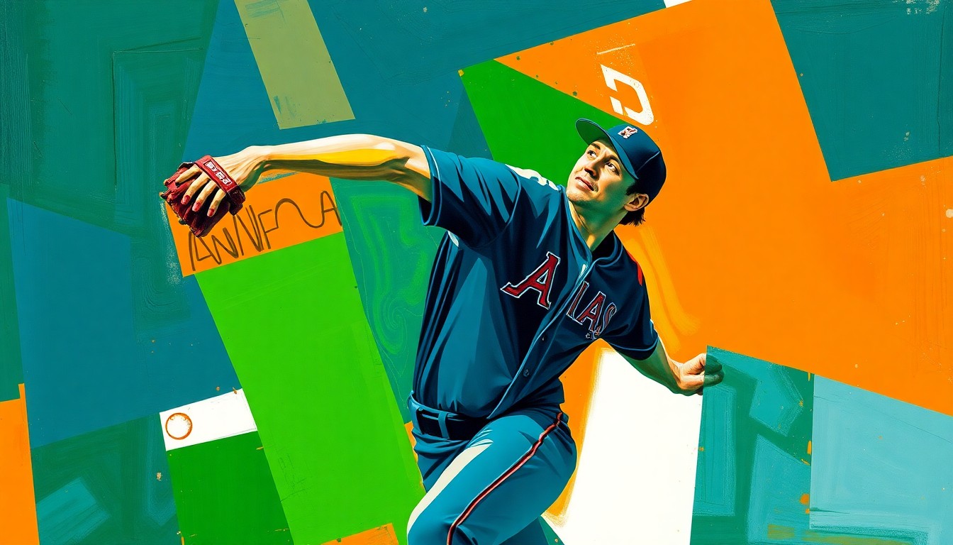 A cubist, geometric painting depicting the motion of a baseball pitcher, with sharp, overlapping planes of color representing the dynamic action of the sport.