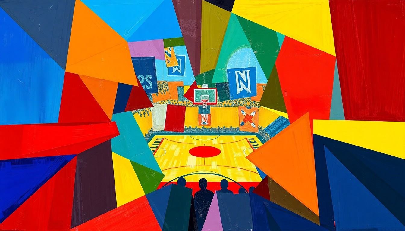 A fragmented, geometric painting in bold colors representing a college basketball game, with overlapping shapes and planes conveying the sport's raw energy and unpredictable nature.