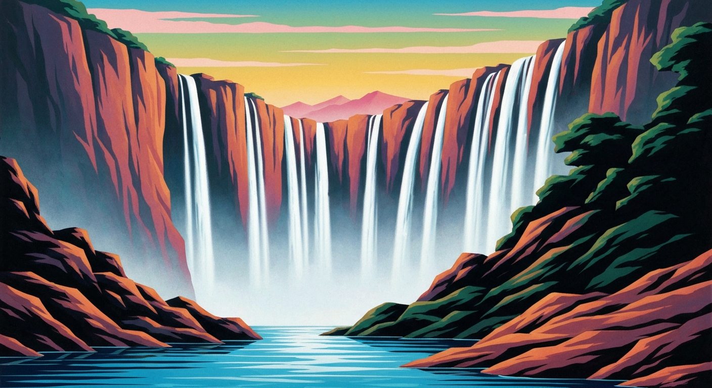 A bold, geometric illustration depicting a towering, cascading waterfall surrounded by lush, sweeping landscapes, capturing the grand scale and natural wonder of Washington's springtime waterfalls.