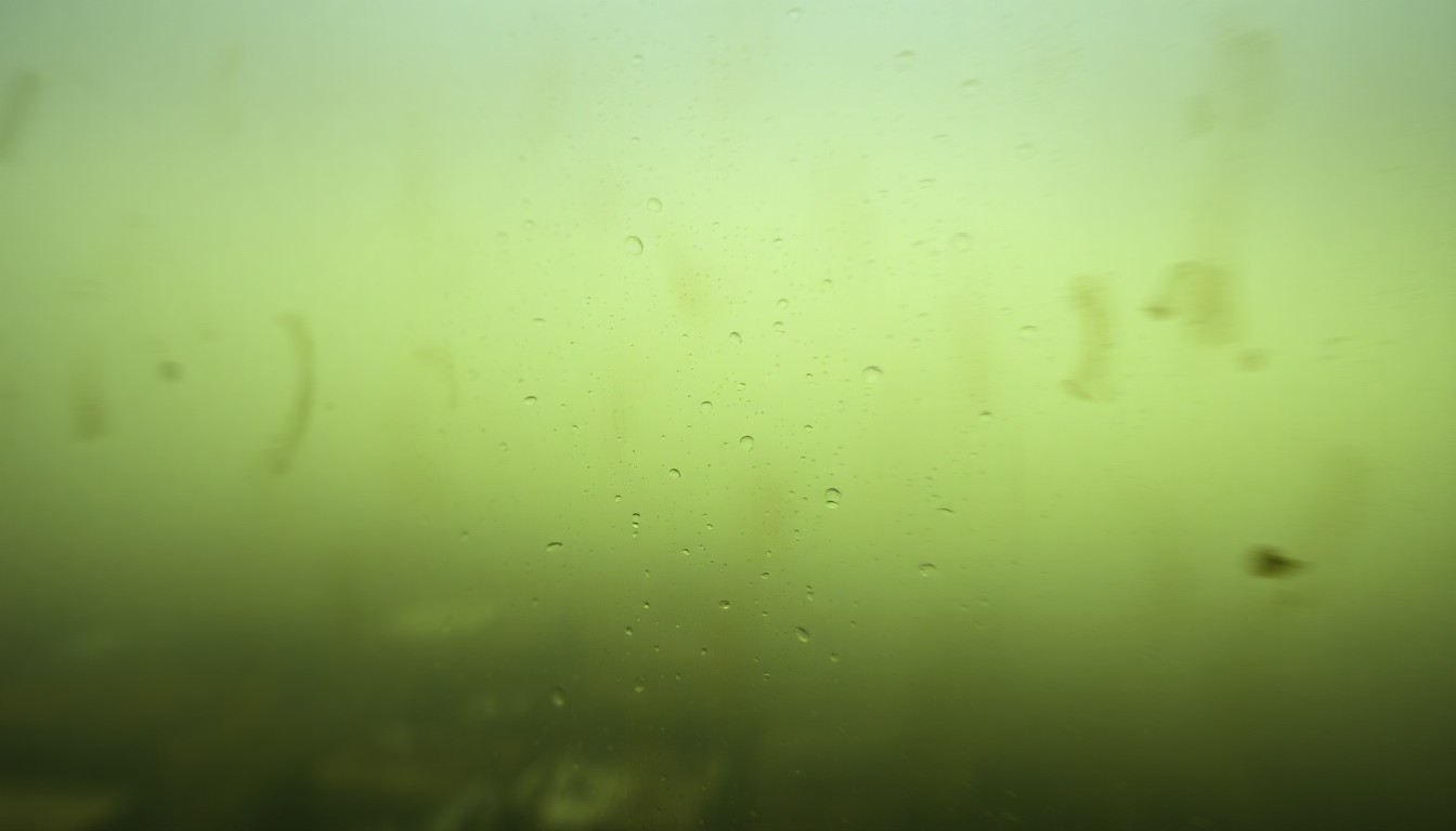 An extremely blurred, hazy landscape shrouded in a thick, noxious-looking fog, conceptually representing the oppressive odor problem faced by a community due to a nearby landfill.