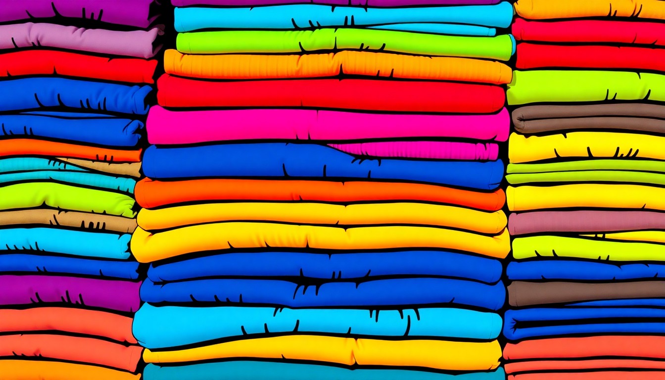 A highly stylized, abstract grid of brightly colored, silkscreen-printed clothing items in various sizes, conceptually representing the diverse merchandise available at a community yard sale.