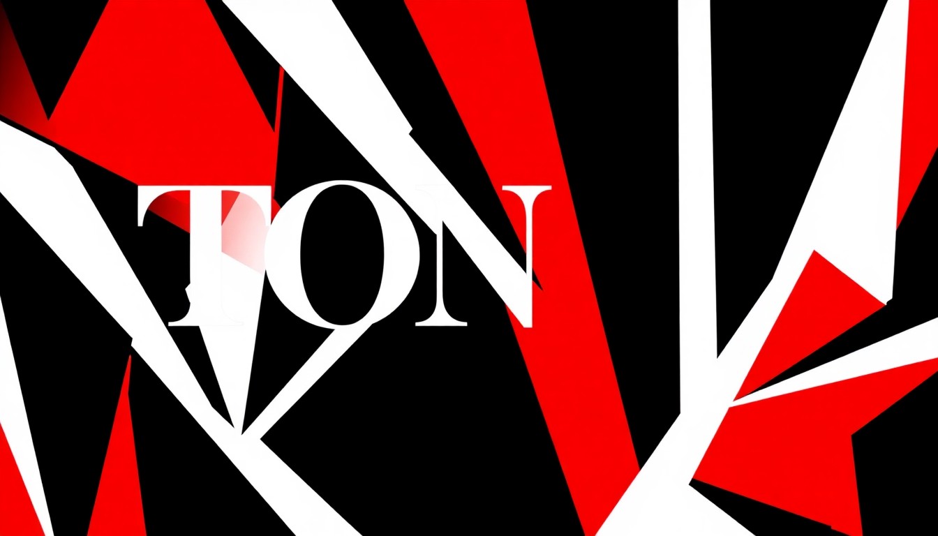 A dynamic, abstract composition of bold, angular shapes in vibrant red, white, and black, conceptually representing the energy and prestige of the Tony Awards ceremony without any literal depictions.