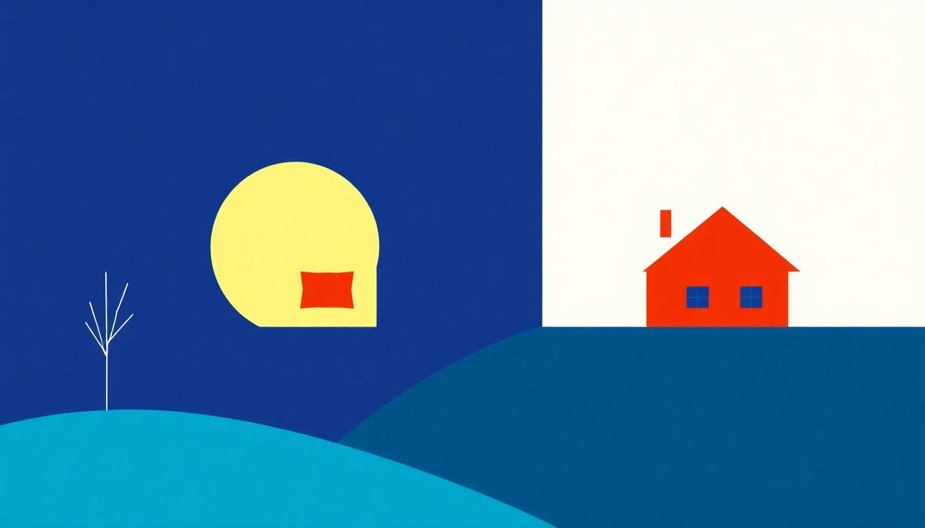 A geometric abstract illustration composed of overlapping triangles and rectangles in shades of blue, red, and yellow, conceptually representing the dynamics of housing supply and demand.