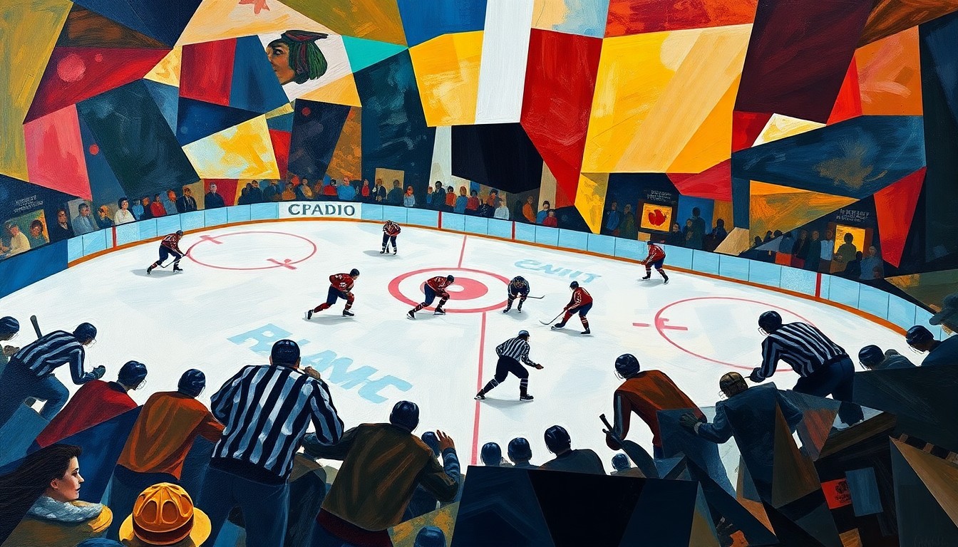 A cubist, geometric painting depicting a hockey game in motion, with the players and rink broken down into sharp, overlapping planes of color and abstract shapes, conveying a sense of energy and dynamism.