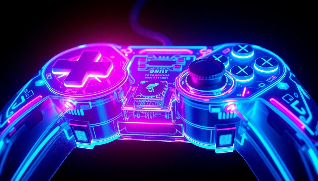 A highly detailed, glowing 3D illustration of a futuristic game controller or console, with intricate cybernetic hardware illuminated by neon cyan and magenta lights, conceptually representing the complex relationship between AI and the gaming industry.