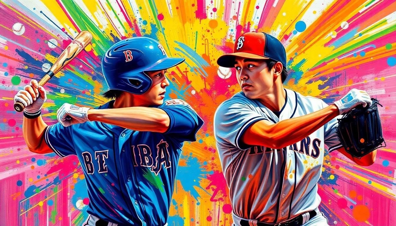 An abstract, expressionist painting in vibrant neon colors, capturing the dynamic motion and raw athleticism of baseball players in action, with their forms dissolving into energetic brushstrokes and splashes of color.