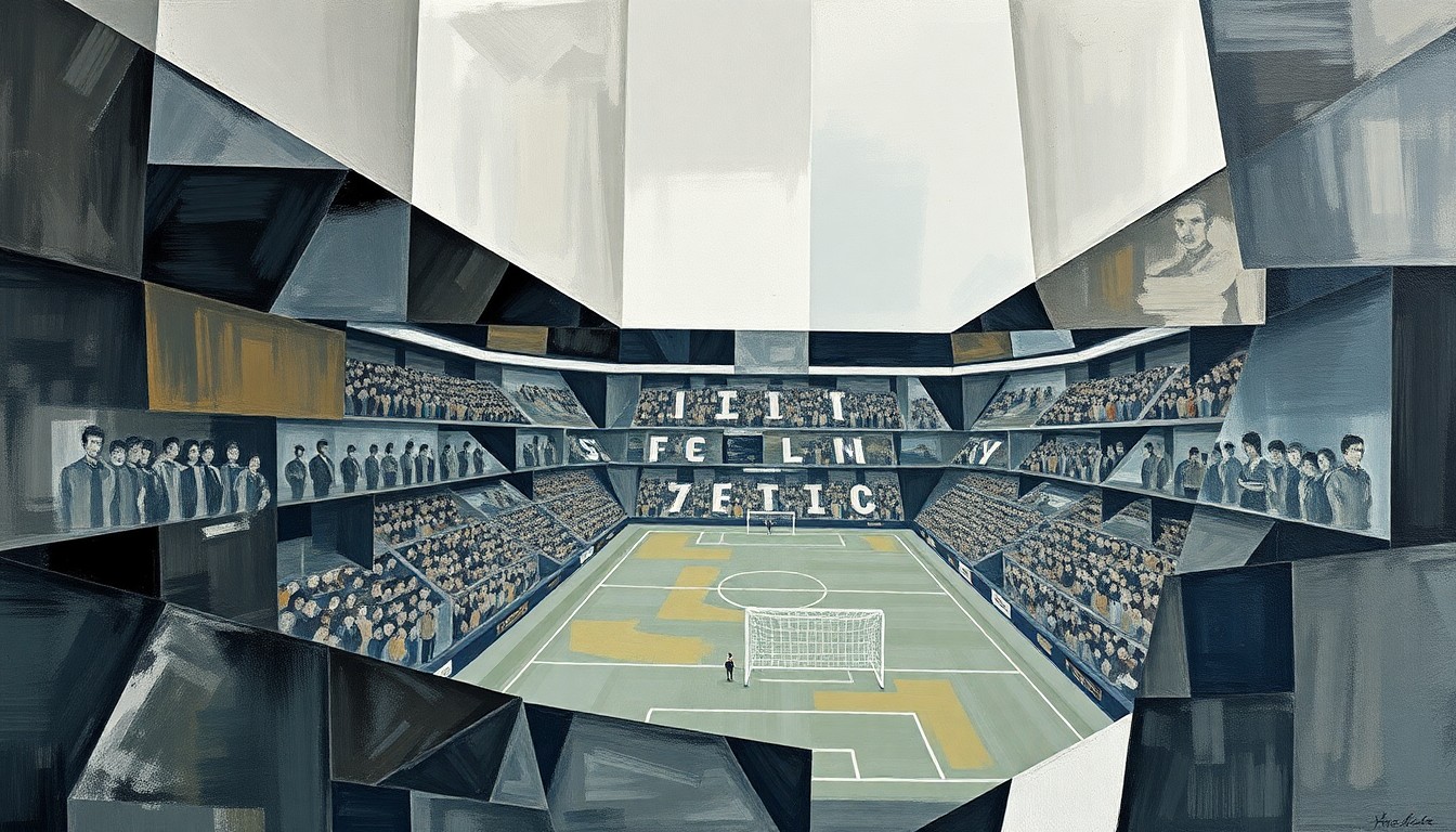 A fractured, cubist-style painting depicting an abstract, geometric representation of a football stadium or match, with sharp, overlapping planes in muted tones conveying a sense of collective mourning and solidarity.