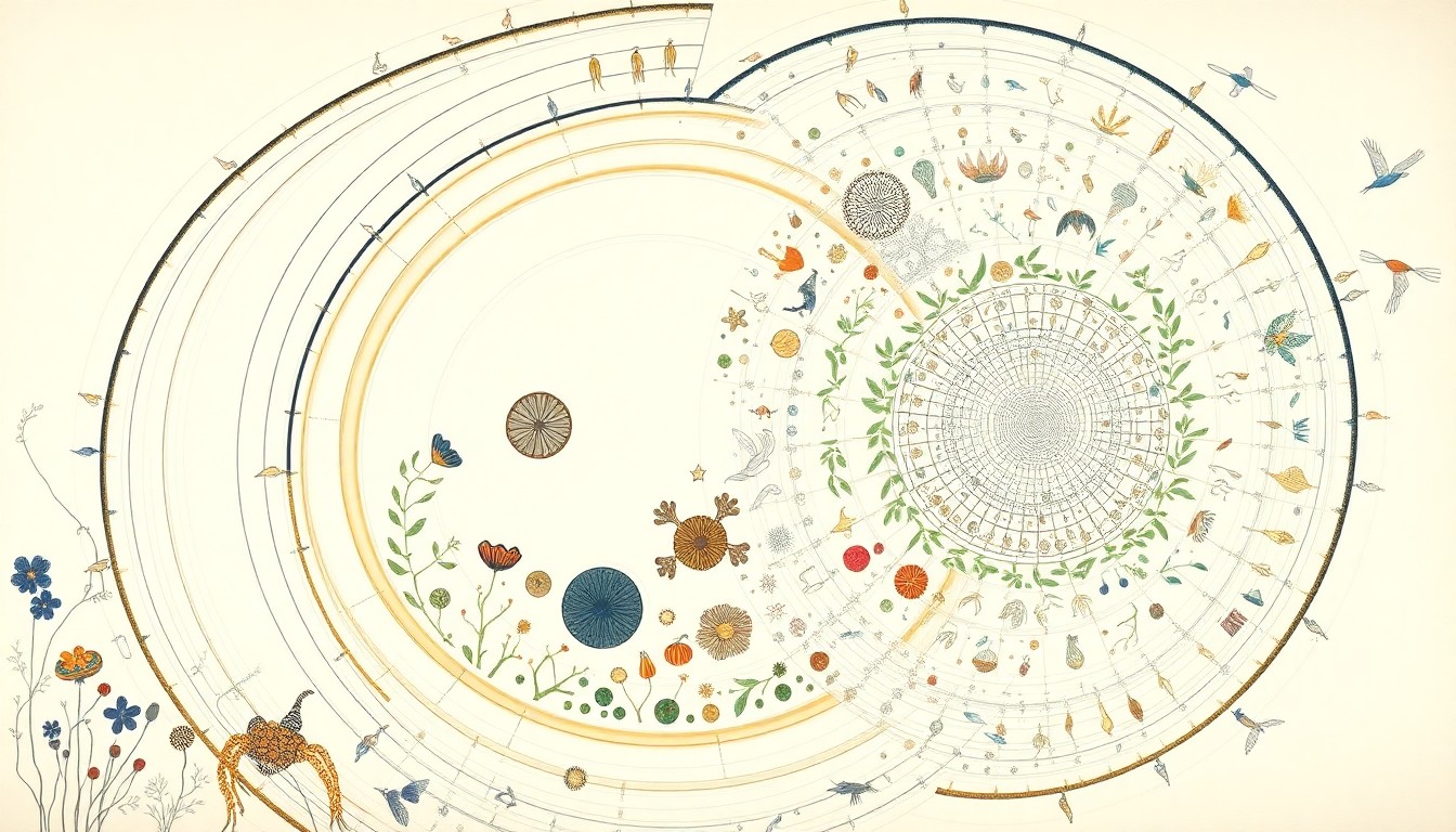 An abstract painting in soft blues, greens, and grays, featuring sweeping geometric arcs and concentric circles, conceptually representing the complex interplay of native and invasive aquatic life in a lake ecosystem.