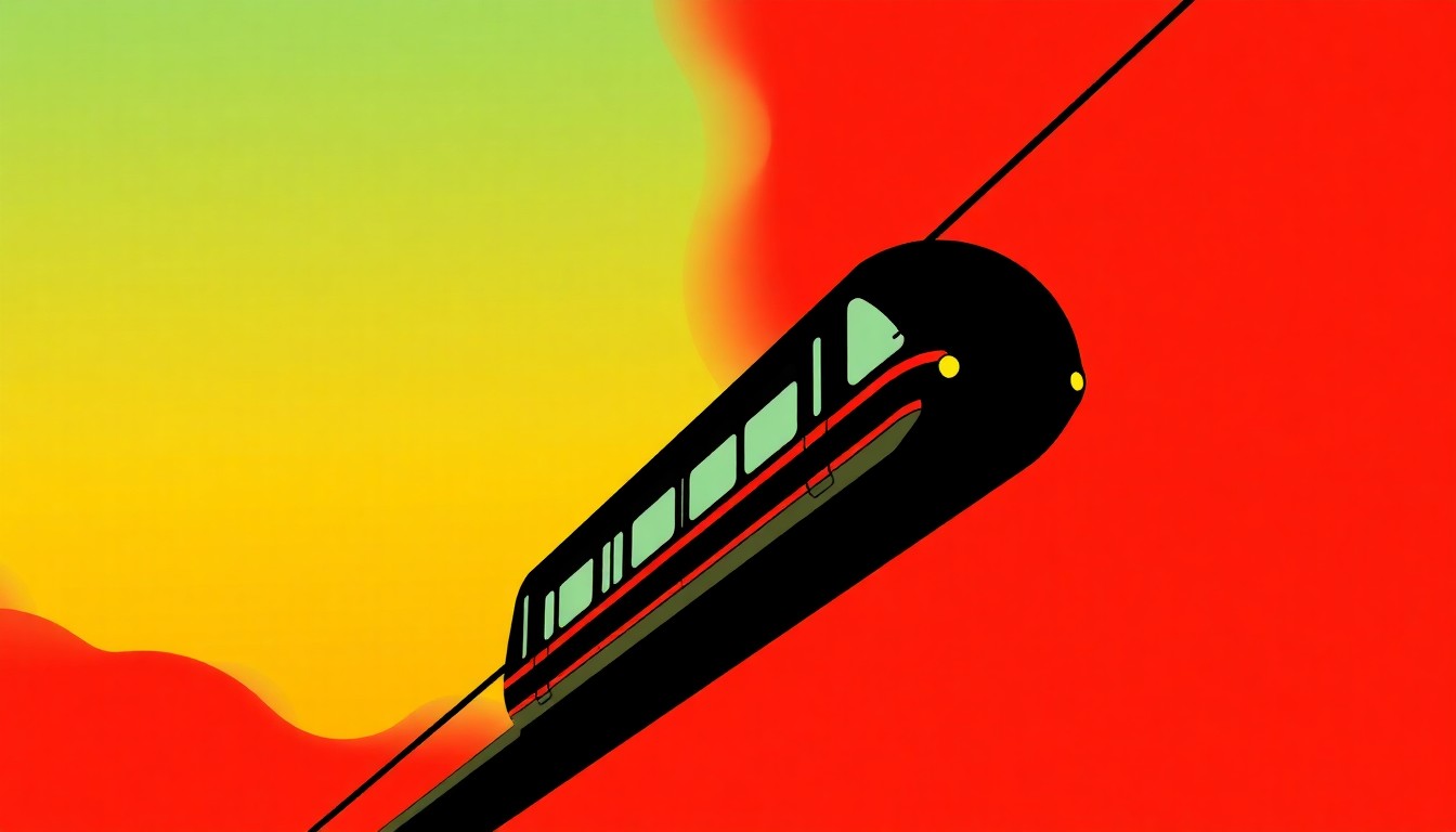 An abstract, minimalist illustration depicting a suspended monorail train silhouette against a vibrant, high-contrast background, conceptually representing the unexpected technical glitch that stranded passengers at Disneyland.