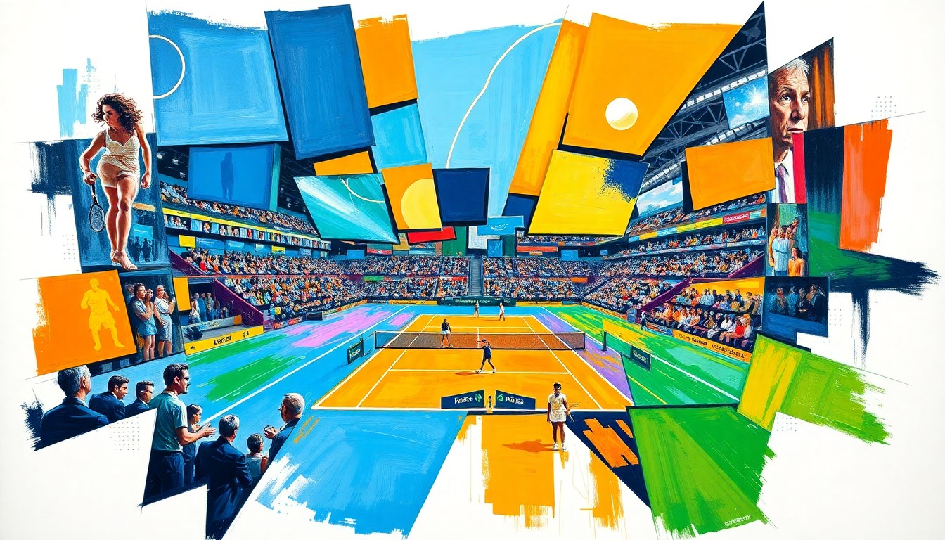 A cubist, geometric painting depicting a tennis match or competition, with sharp, overlapping planes of color and movement, capturing the dynamic energy and unpredictability of the semifinal showdowns.