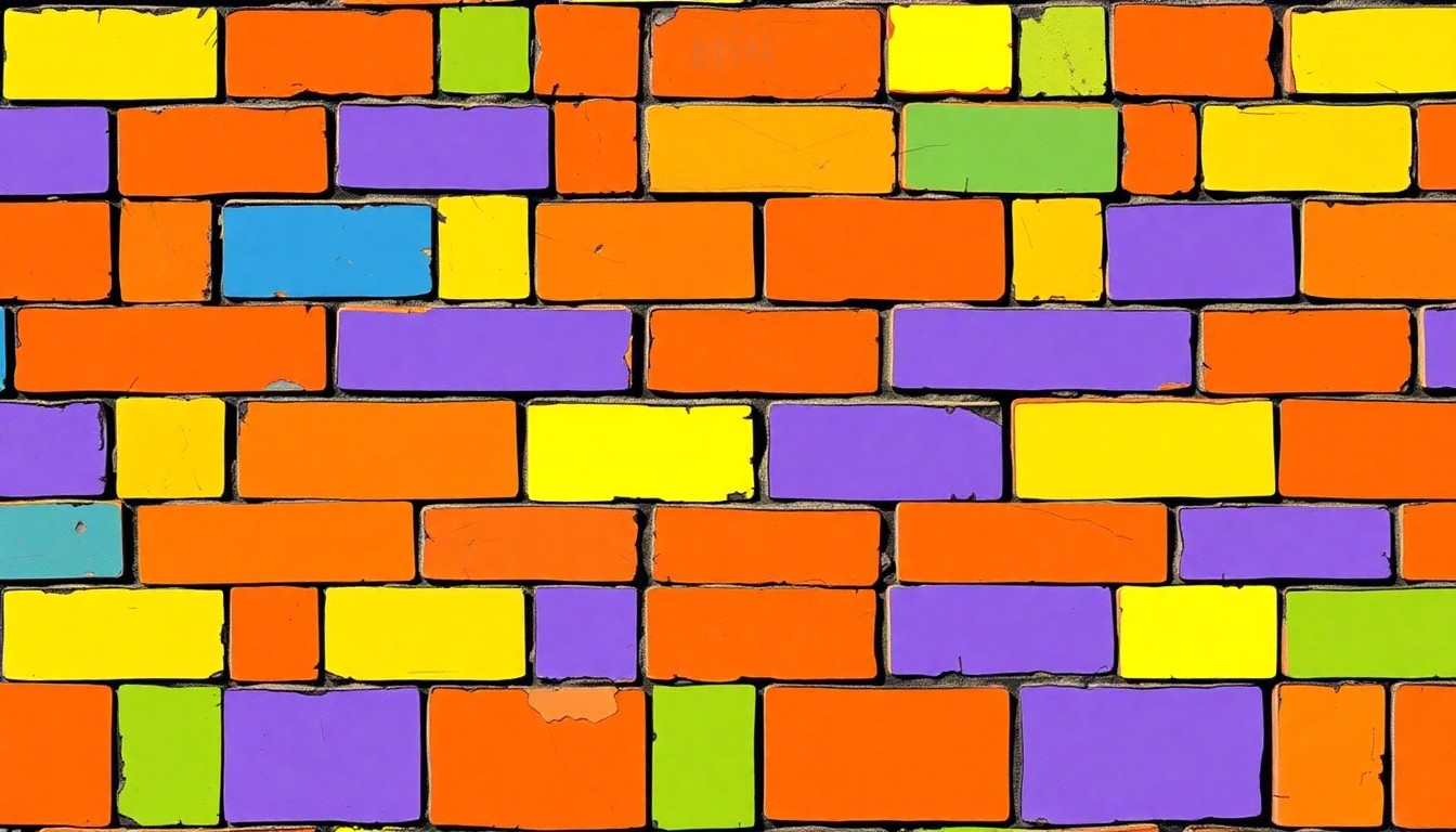 A vibrant, high-contrast silkscreen print depicting a repeating grid of a single, iconic concrete masonry unit in shades of neon pink, orange, and blue, capturing the material honesty and visual impact of the Moon Valley Residence ADU's design.