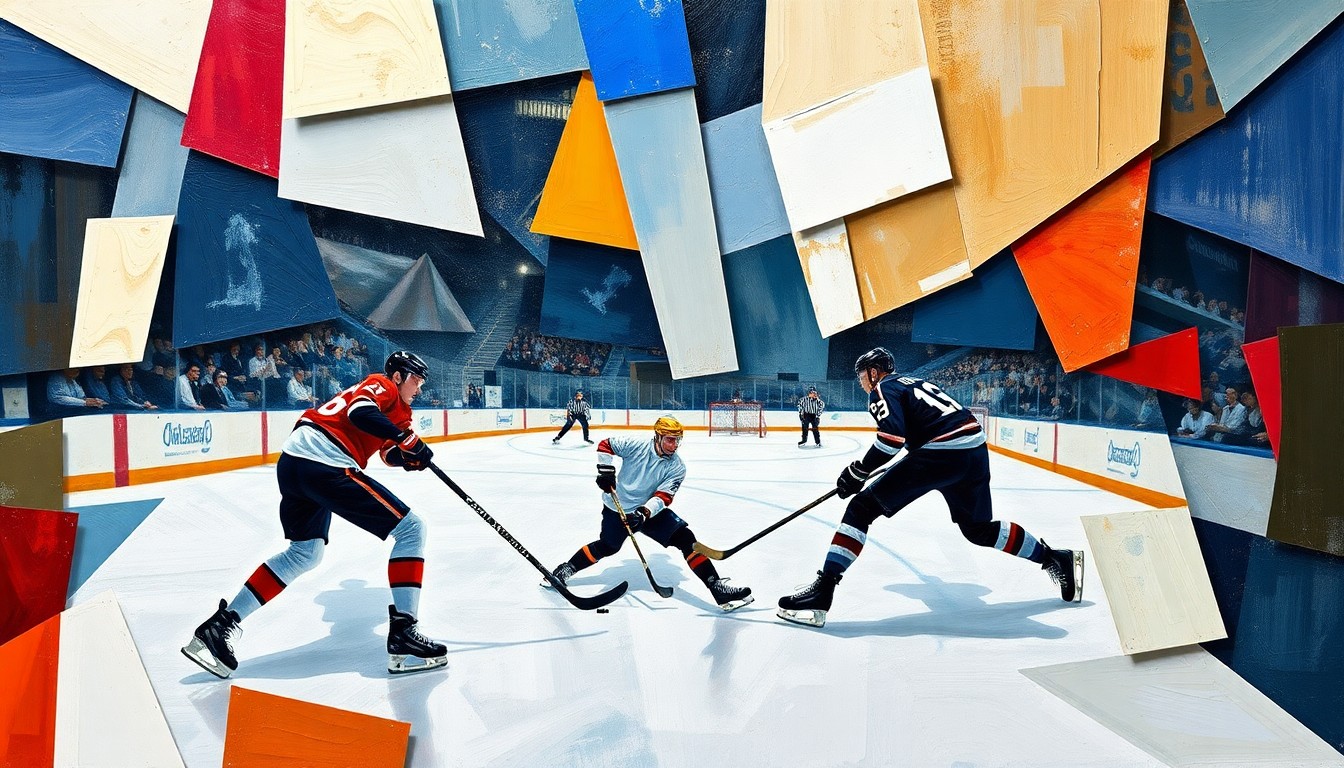 A cubist, geometric painting depicting the intense action and physicality of a hockey game, with players' movements and the flow of the match represented through fragmented, angular shapes and planes.