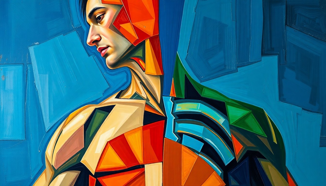 A cubist, geometric painting depicting the collision and rib injury of a basketball player, with sharp, overlapping planes of color representing the fragmented, multi-perspective nature of the incident.