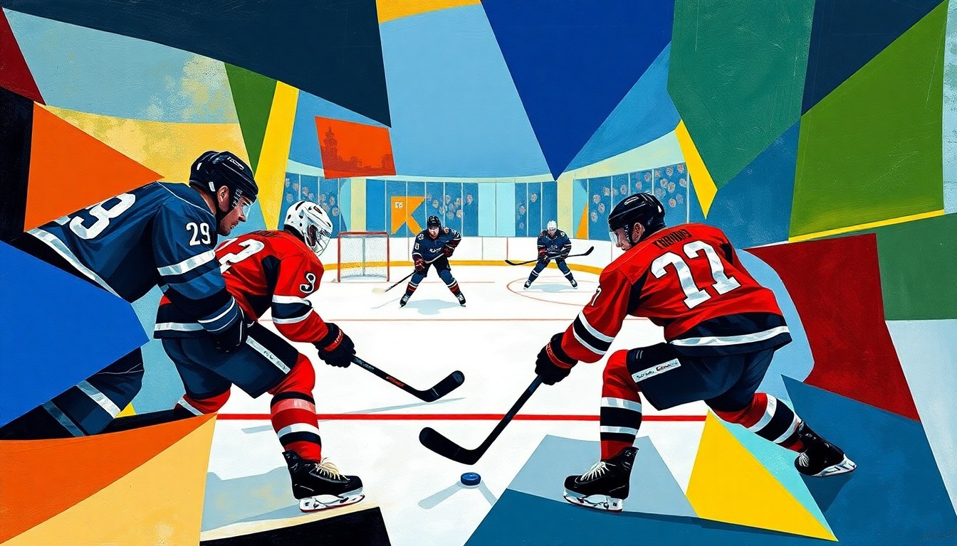 A cubist, geometric painting depicting a fragmented hockey game, with players' forms broken down into sharp, overlapping shapes and the puck and sticks creating dynamic, intersecting lines. The color palette features muted blues, greens, and reds, reflecting the official team colors of the teams mentioned in the story.