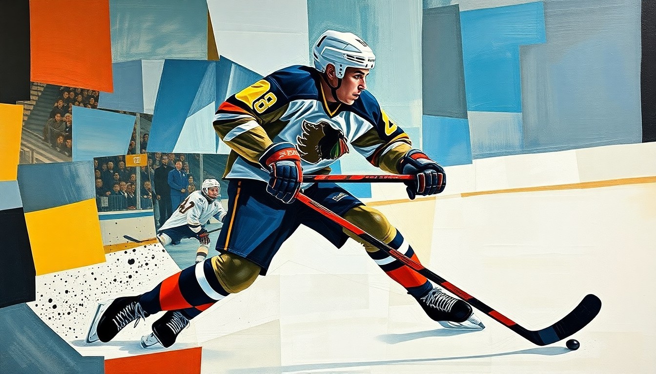 A cubist-style painting depicting a hockey player in action, with their movements and the energy of the game captured through sharp, overlapping geometric planes in a vibrant color palette.