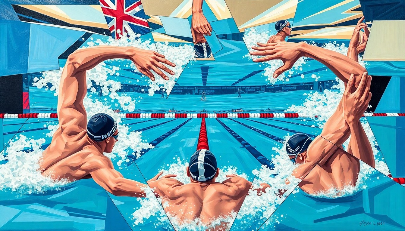 A cubist, geometric painting depicting the 200m backstroke competition at the 2026 U.S. Open, with overlapping planes and fragmented perspectives representing the unexpected results for the top swimmers.