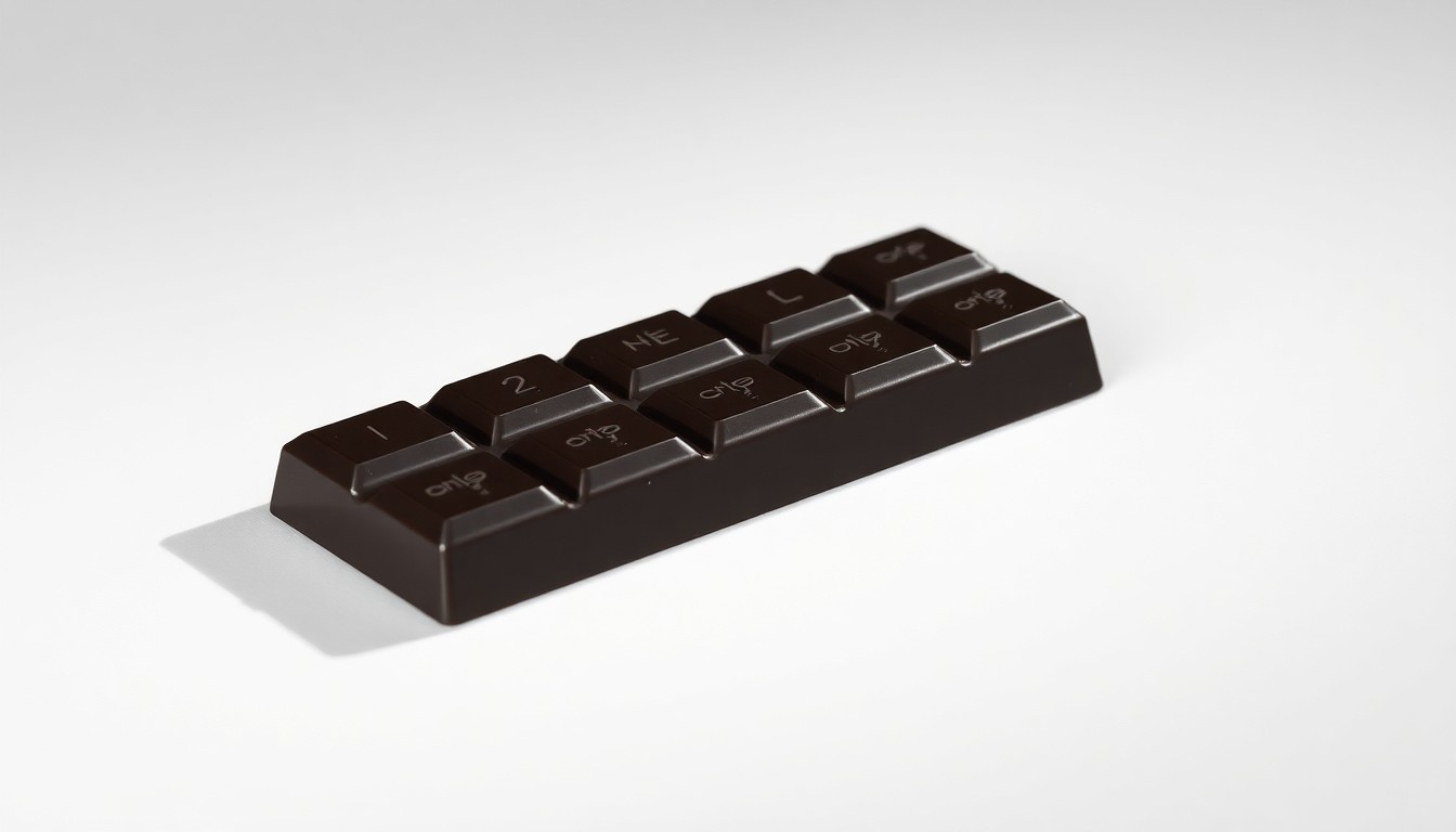 A photorealistic studio still-life image of a single, polished dark chocolate bar resting on a clean, monochromatic background, using dramatic lighting to conceptually represent premium chocolate as a selective indulgence.