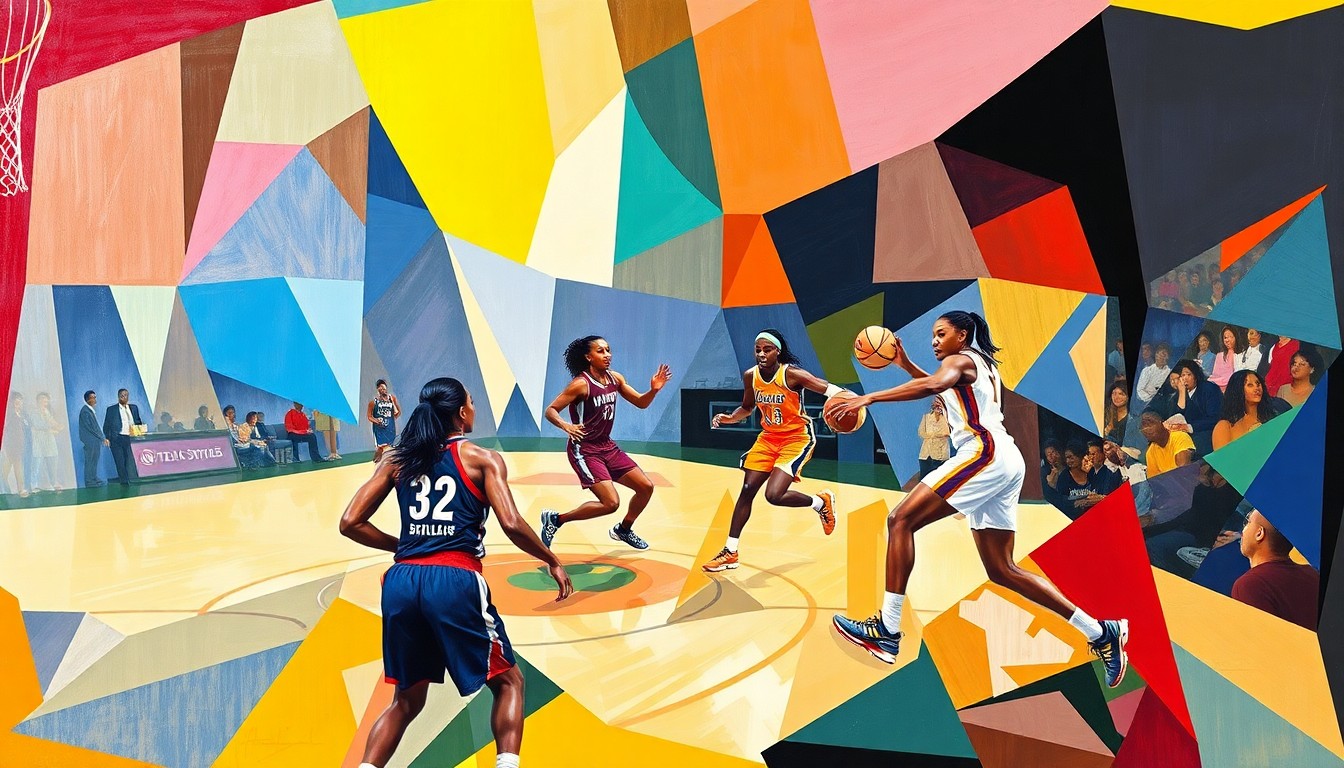 A cubist, geometric painting depicting the dynamic movement and energy of a WNBA basketball game, with the players' forms abstracted into angular shapes and planes of vibrant colors.