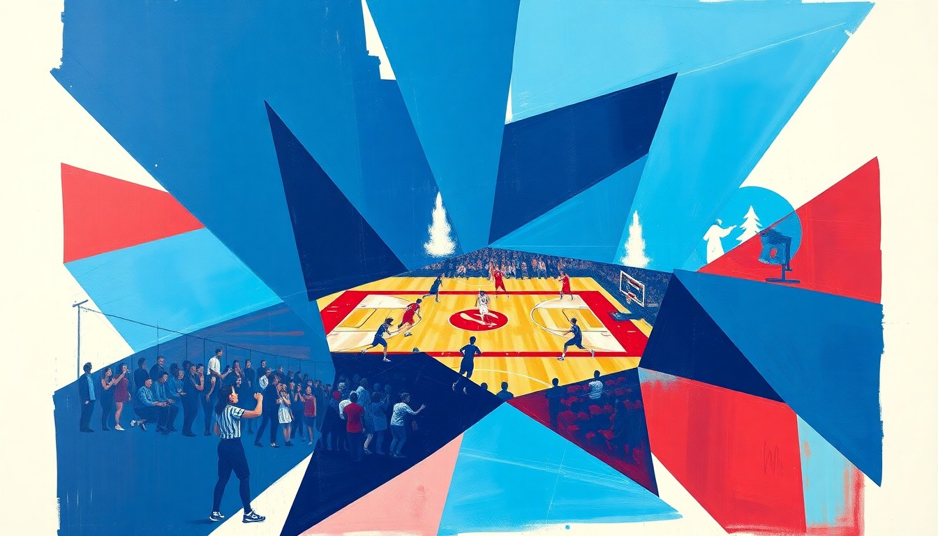 A fractured, cubist-style painting depicting the dynamic action of a women's basketball game, with sharp geometric shapes and planes in a vibrant color palette representing the energy and intensity of the moment.