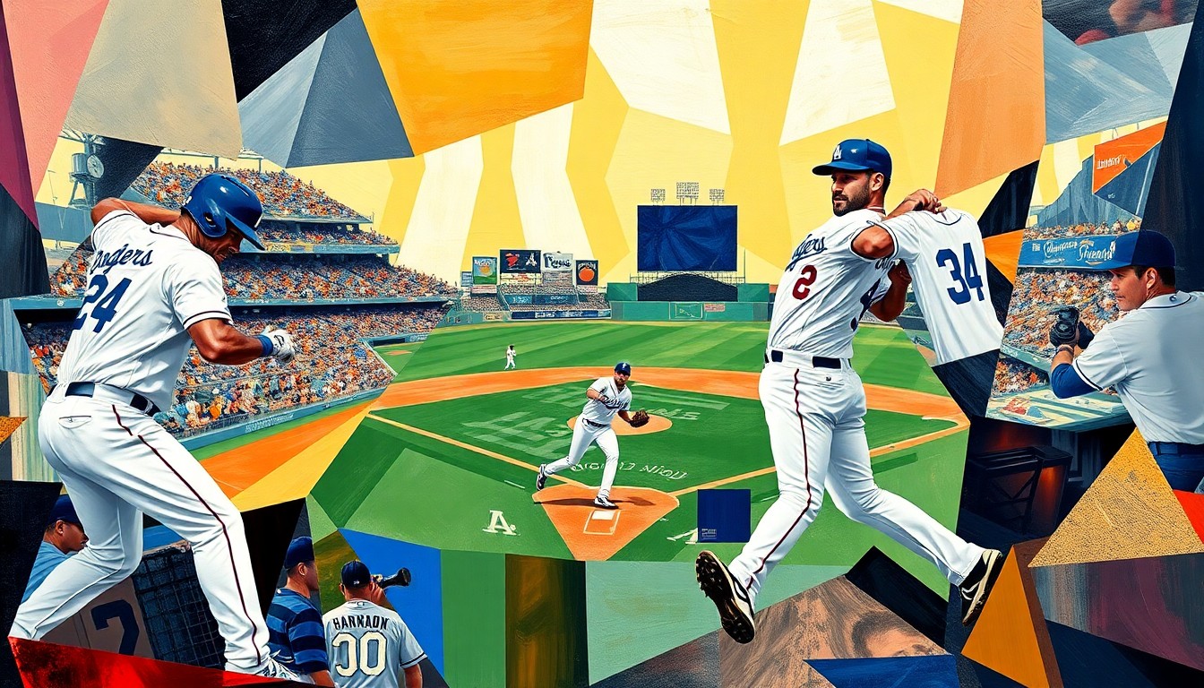 A cubist, geometric painting depicting a Dodgers baseball game, with the players' forms broken down into abstract shapes and planes of color, capturing the dynamic energy of the sport.