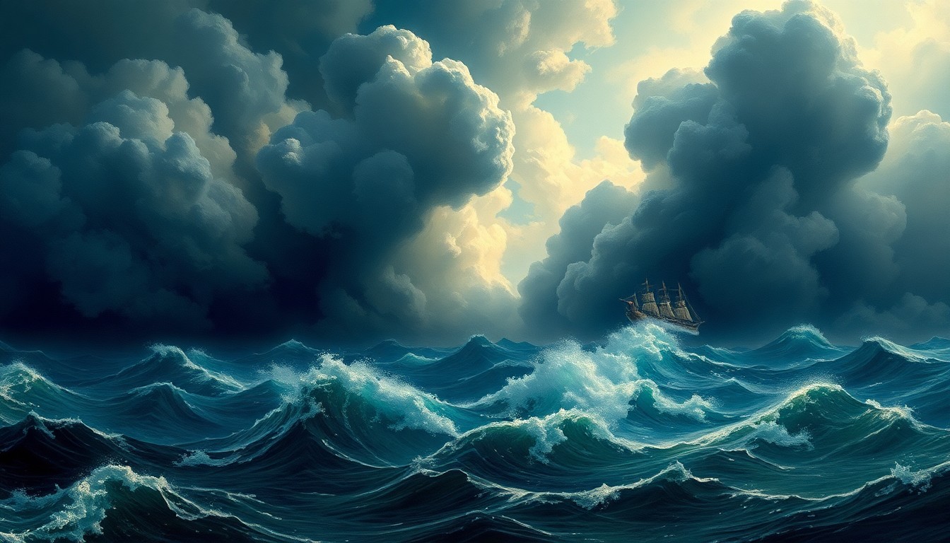 A dramatic, atmospheric landscape painting depicting a stormy, turbulent seascape with towering waves and ominous clouds, conveying the overwhelming power of nature and the need for advanced maritime technologies to aid in disaster response.