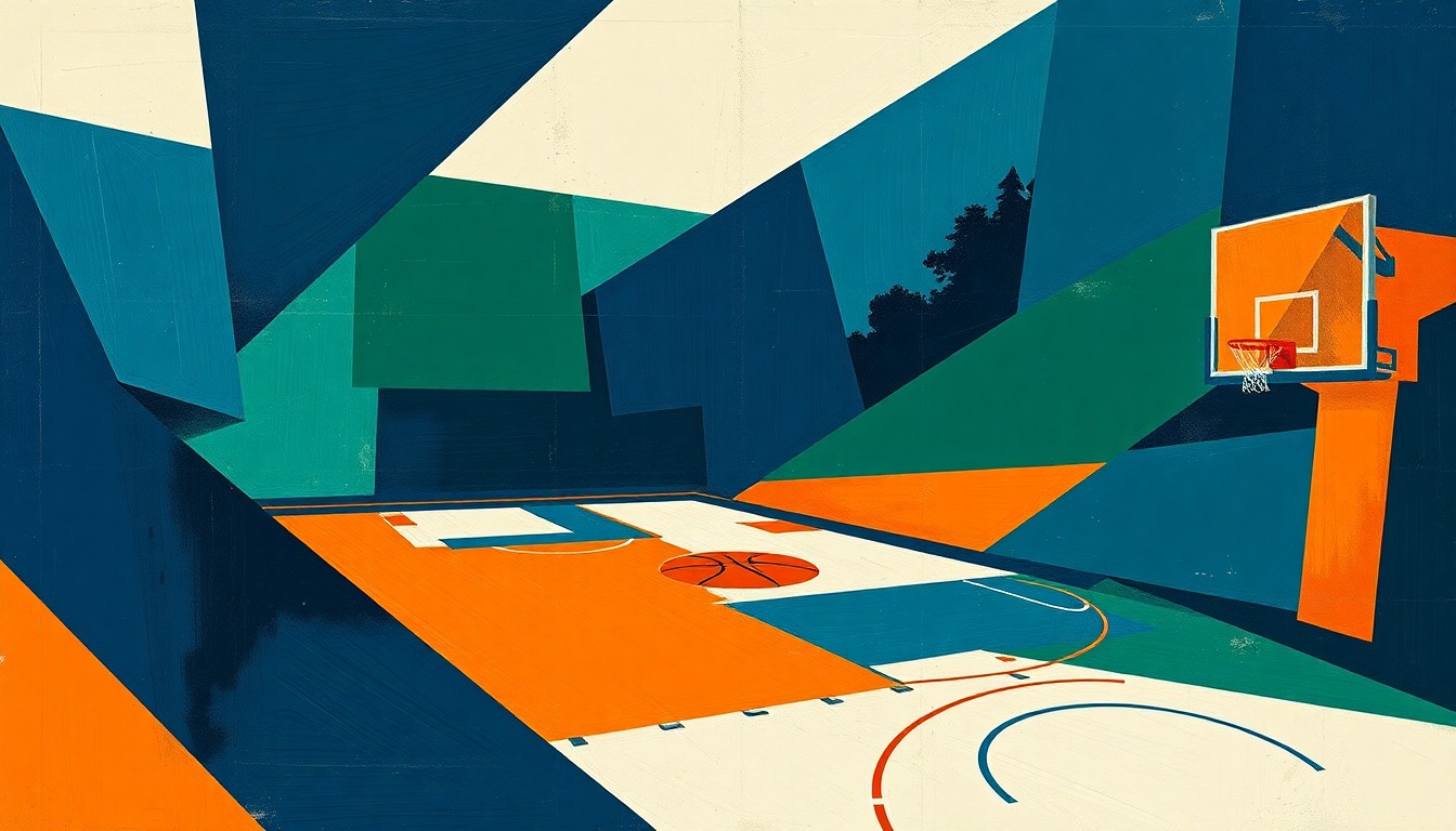 A fragmented, geometric painting depicting the various elements of a basketball game or match, with sharp planes of navy blue, forest green, and burnt orange overlapping to create a dynamic, multi-perspective composition that conveys the complexity of modern sports leadership.