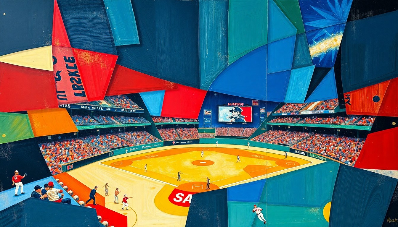 A cubist-style painting featuring overlapping geometric shapes and planes in shades of blue, red, and yellow, conceptually representing the dynamic and multifaceted nature of a baseball team's bench.