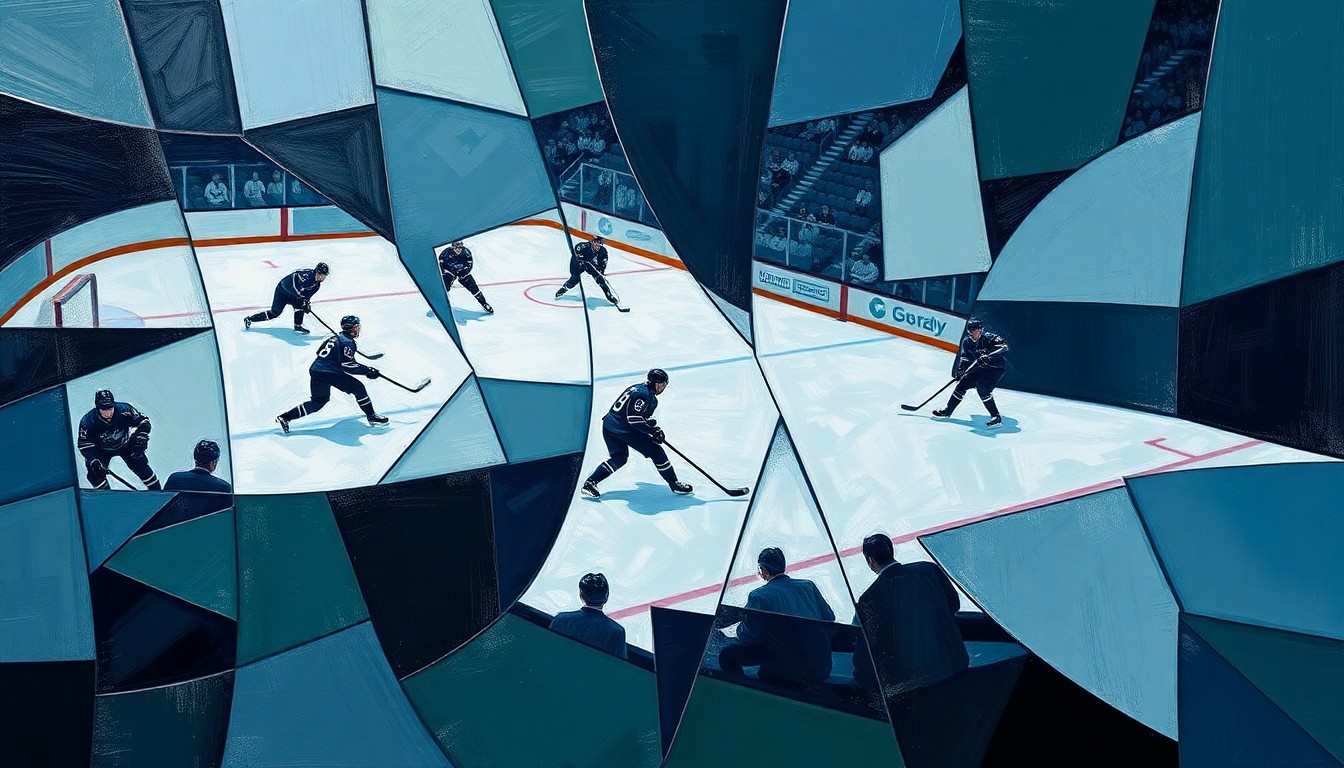 A cubist, geometric painting depicting a fragmented hockey game, with players and the ice reduced to angular, overlapping shapes in muted blues, greens, and grays, conveying the intensity and frustration of the Sharks' recent losses.
