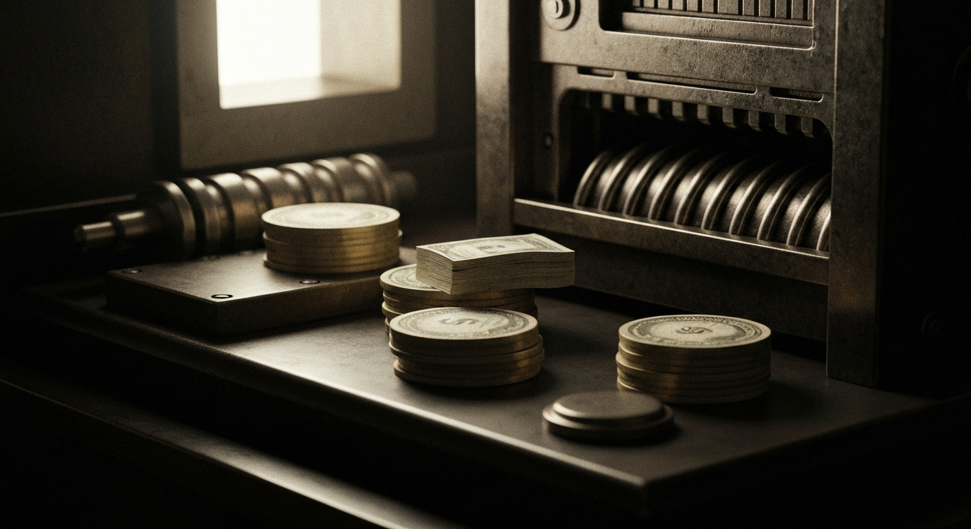 An extreme close-up of gears, levers, and other heavy industrial banking equipment, conveying the secure, mechanical nature of financial institutions and the storage of wealth.