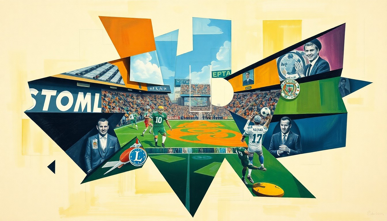 A cubist, geometric painting depicting a fragmented football game, with sharp, overlapping planes of color and form representing the complex dynamics of a quarterback transition and development.