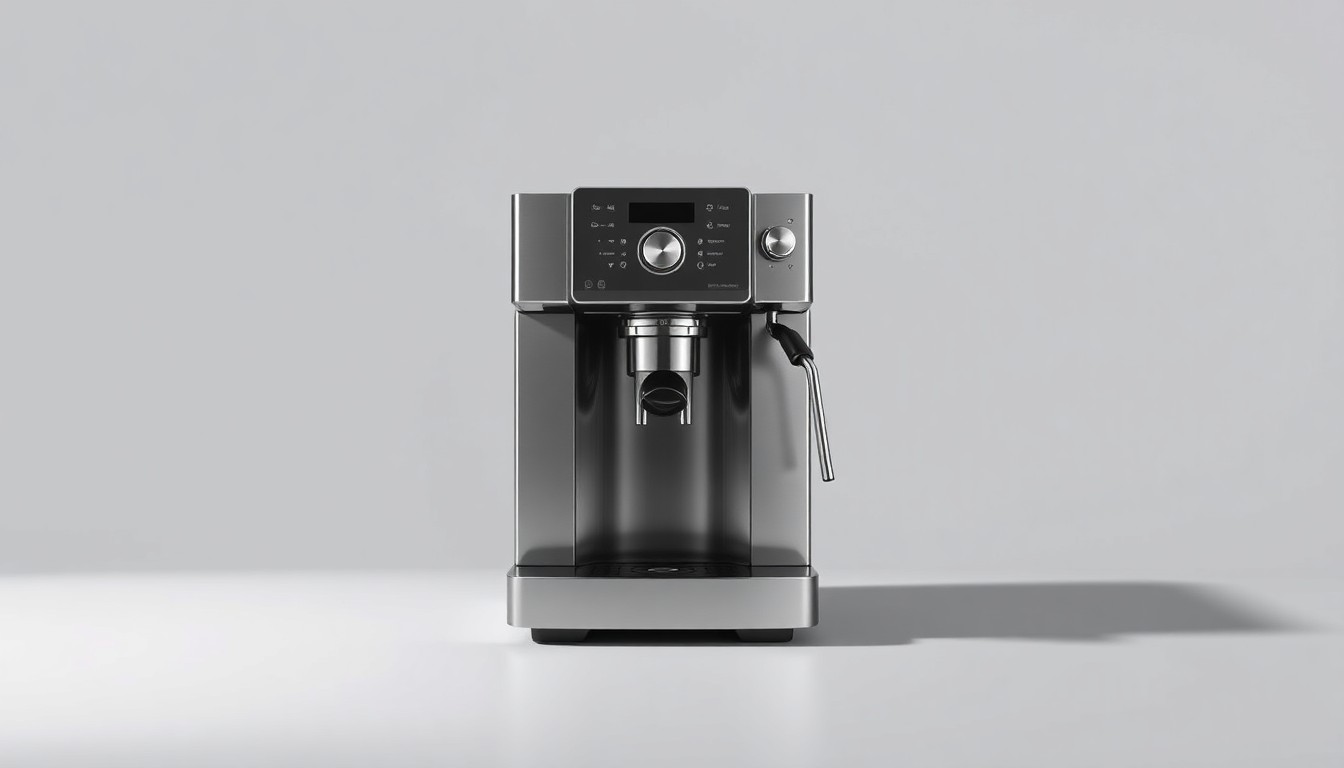 A high-end, photorealistic studio still-life photograph featuring a sleek, modern coffee machine made of polished stainless steel and glass, set against a clean, monochromatic background with dramatic lighting and deep shadows, conceptually representing the premium quality and reliability of Reliant Coffee's services.