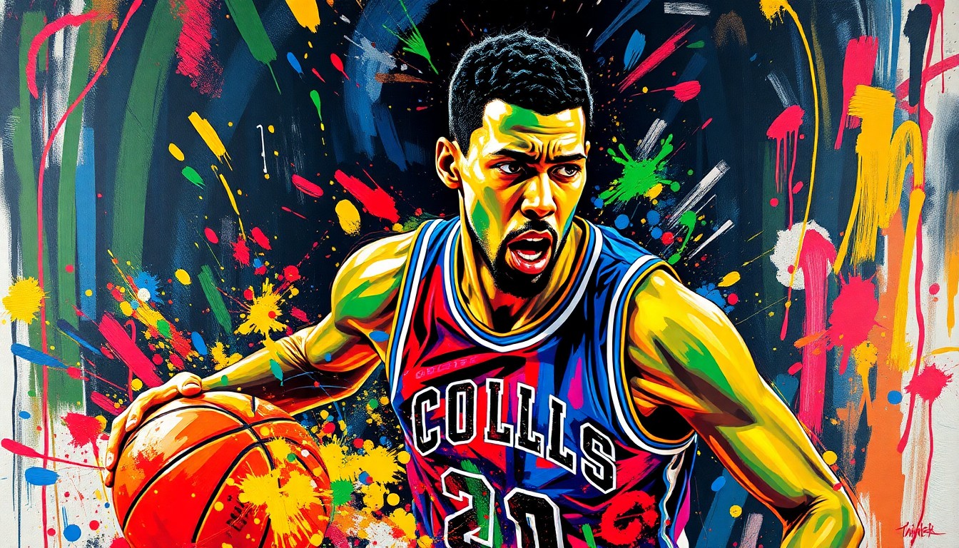 An abstract, expressionist painting in neon colors depicting the intense defensive energy and athleticism of a basketball player, their face and jersey blurred into vibrant brushstrokes.