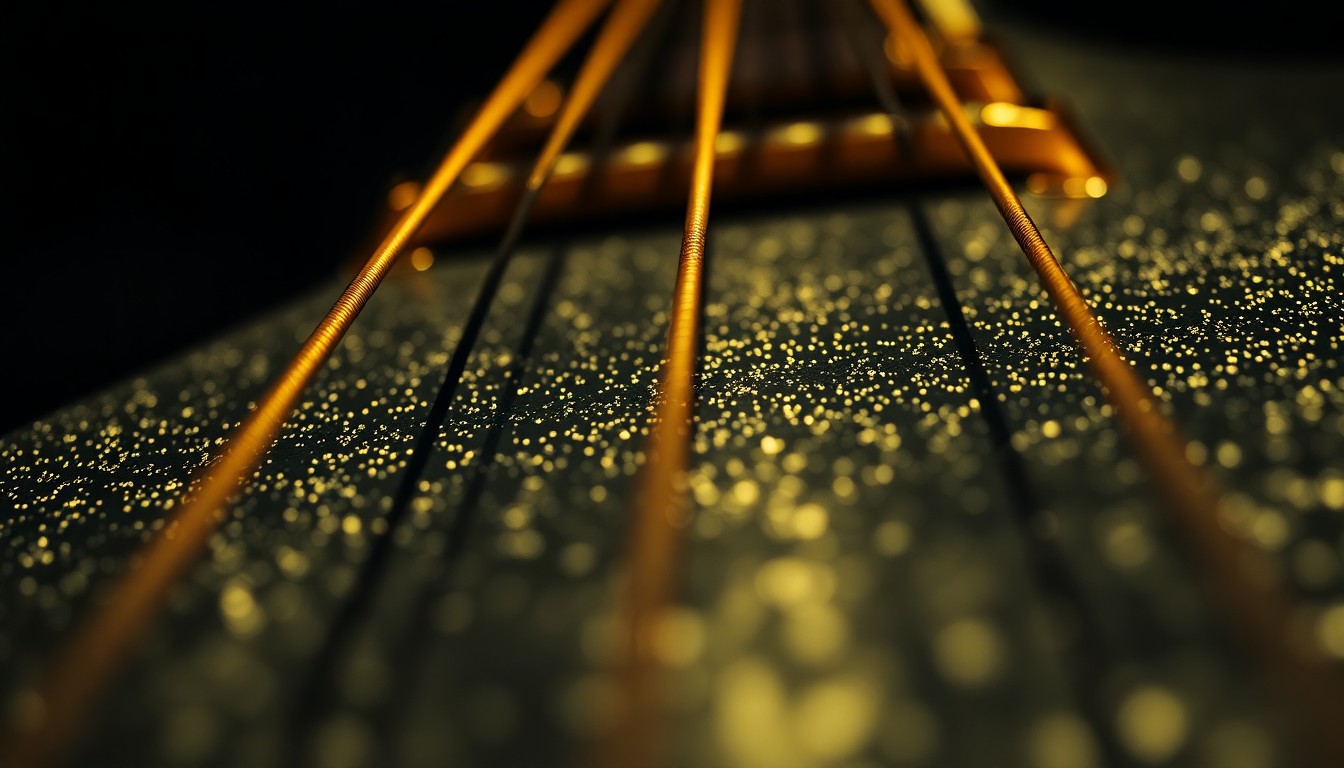 An extreme close-up of heavily textured, shimmering electric guitar strings in dramatic, high-contrast studio lighting, conceptually representing the glamour and high-stakes of the music industry.