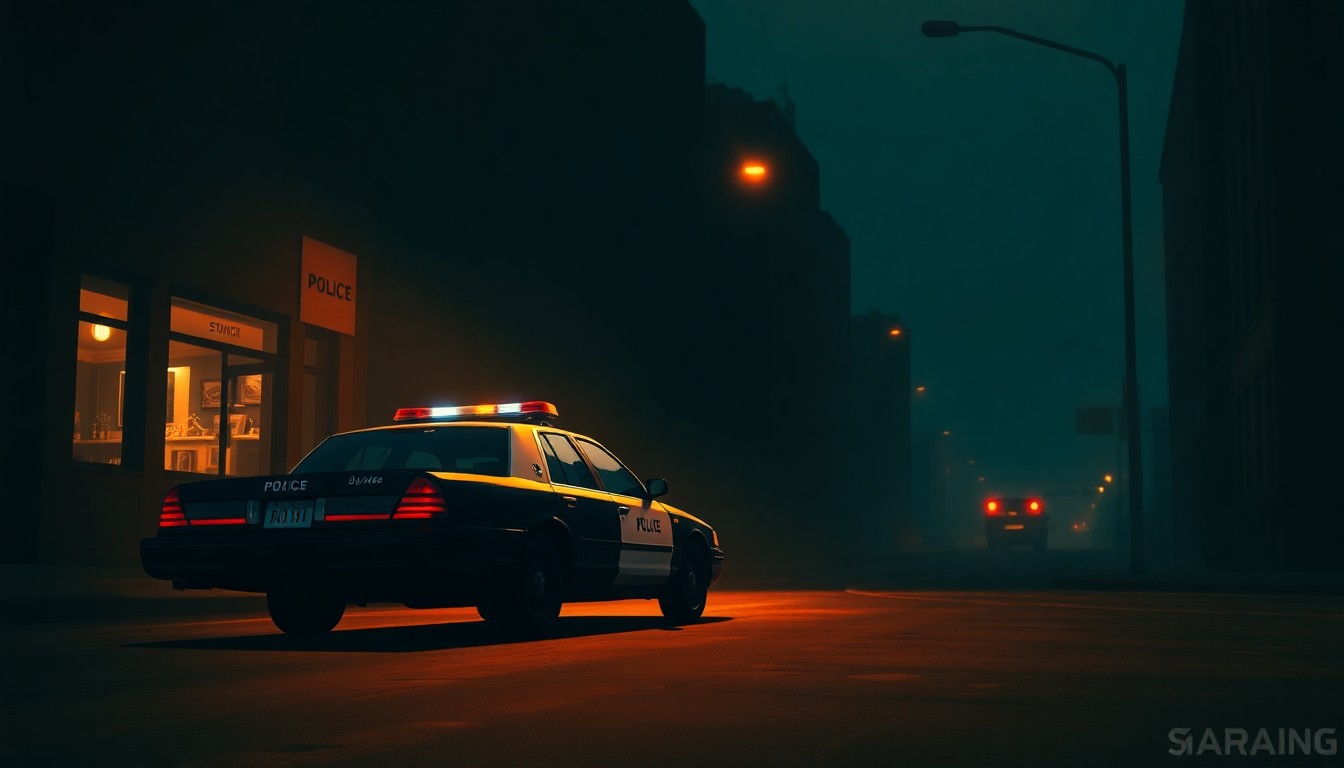A moody, cinematic painting of a lone police cruiser parked on a dimly lit city street, the vehicle's form and shadows conveying a sense of contemplation and transition within the local law enforcement community.