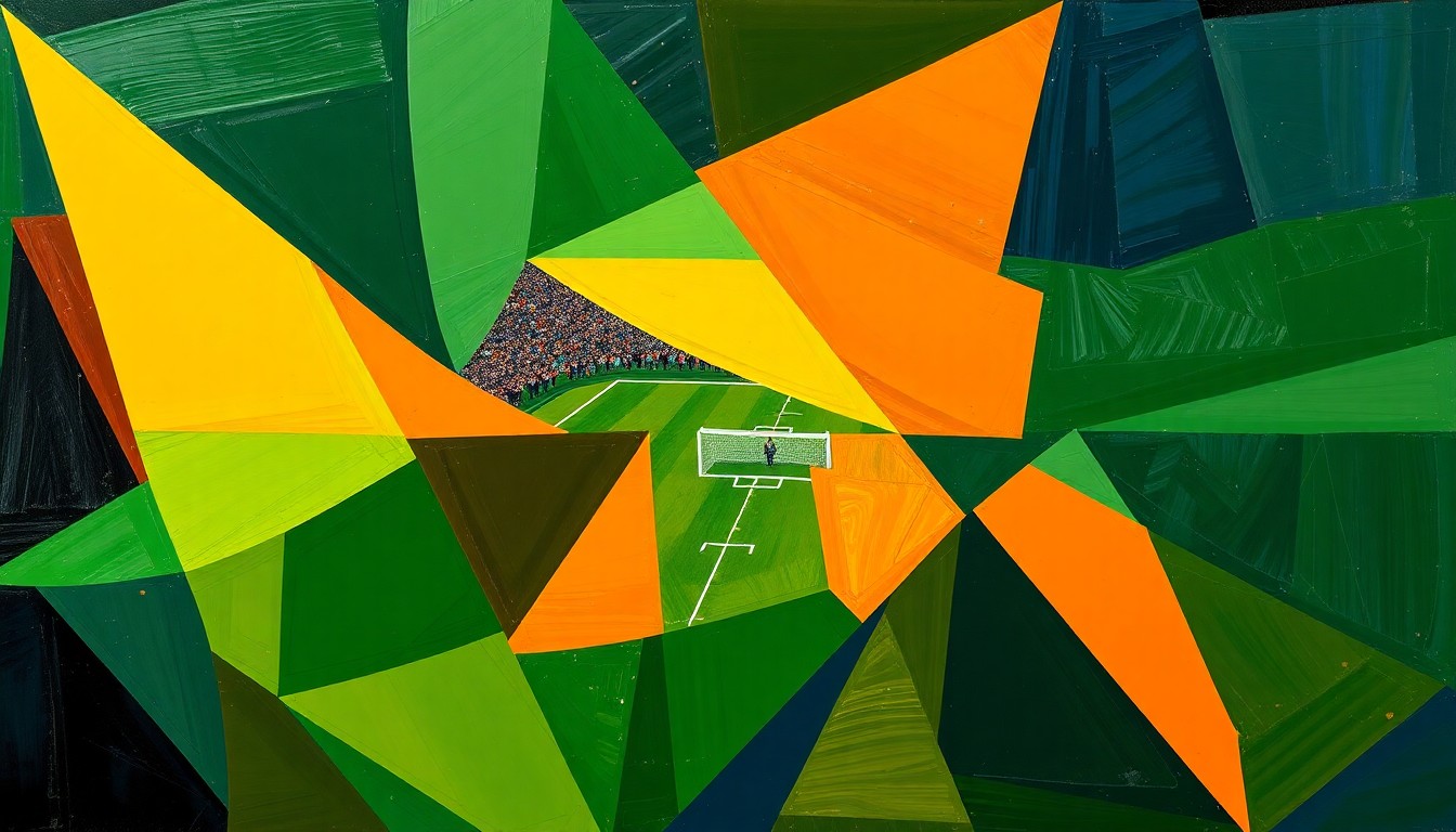 A fractured, cubist-style painting depicting a college football game or match, with sharp, overlapping geometric planes in deep greens, burnt oranges, and navy blues, conveying the instability and uncertainty surrounding the Oregon Ducks program.