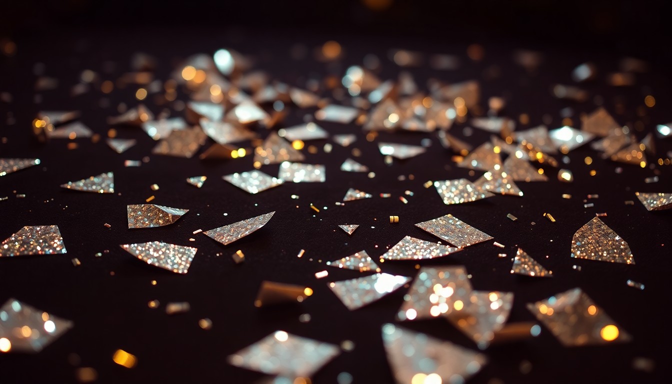 An extreme close-up photograph of shattered disco ball fragments sparkling against a deep, velvety black background, conveying the glitz and glamour of a major music festival.