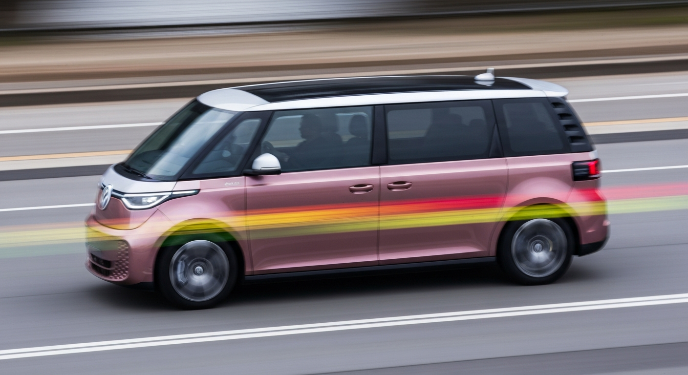 A blurred, abstract image of an autonomous vehicle in motion, with vibrant streaks of color conveying speed and the future of driverless transportation.