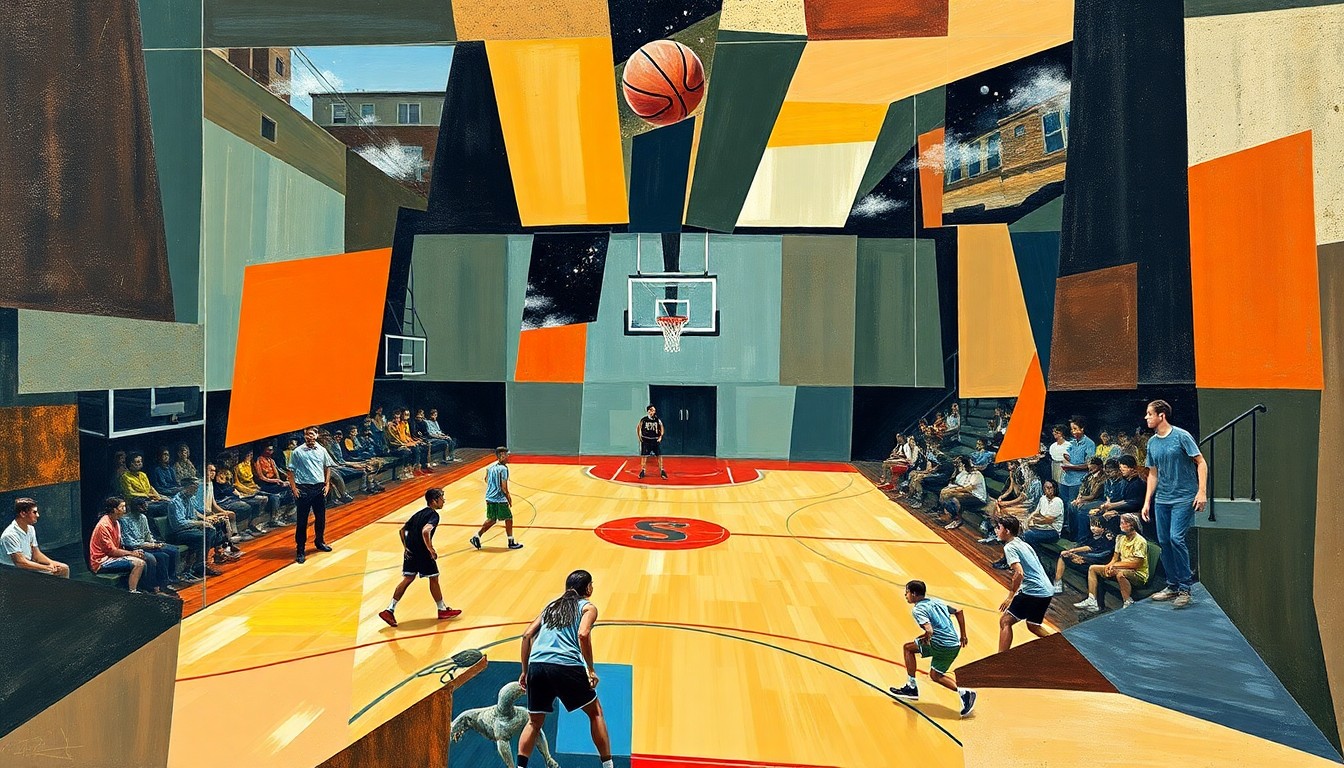 A cubist, geometric painting depicting a fragmented high school basketball game, with players and the court broken down into sharp, overlapping shapes and planes, conveying the complex and shifting dynamics of the potential public-private sports split.
