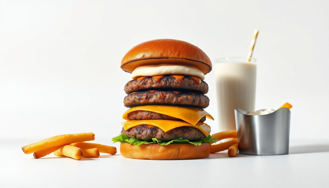 A high-end, photorealistic studio still-life photograph featuring a stack of freshly grilled hamburger patties, a glass of hand-dipped milkshake, and a crisp, golden-brown french fry, all arranged elegantly on a clean, monochromatic seamless background, conceptually representing the classic, comforting fare of the new Wayback Burgers restaurant.