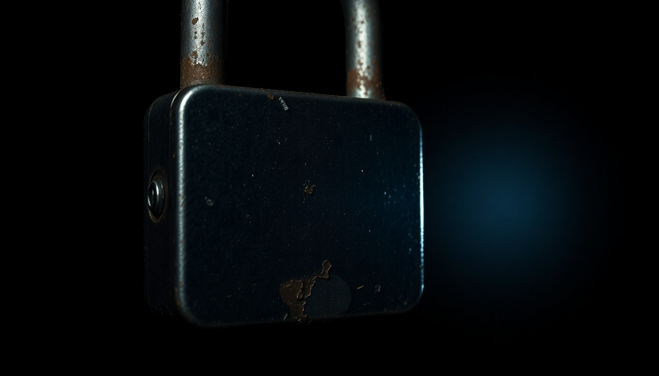An extreme close-up of a tarnished metal lock, the harsh flash illuminating its textured surface against a pitch-black background, conveying a sense of gritty investigation into a tragic crime.