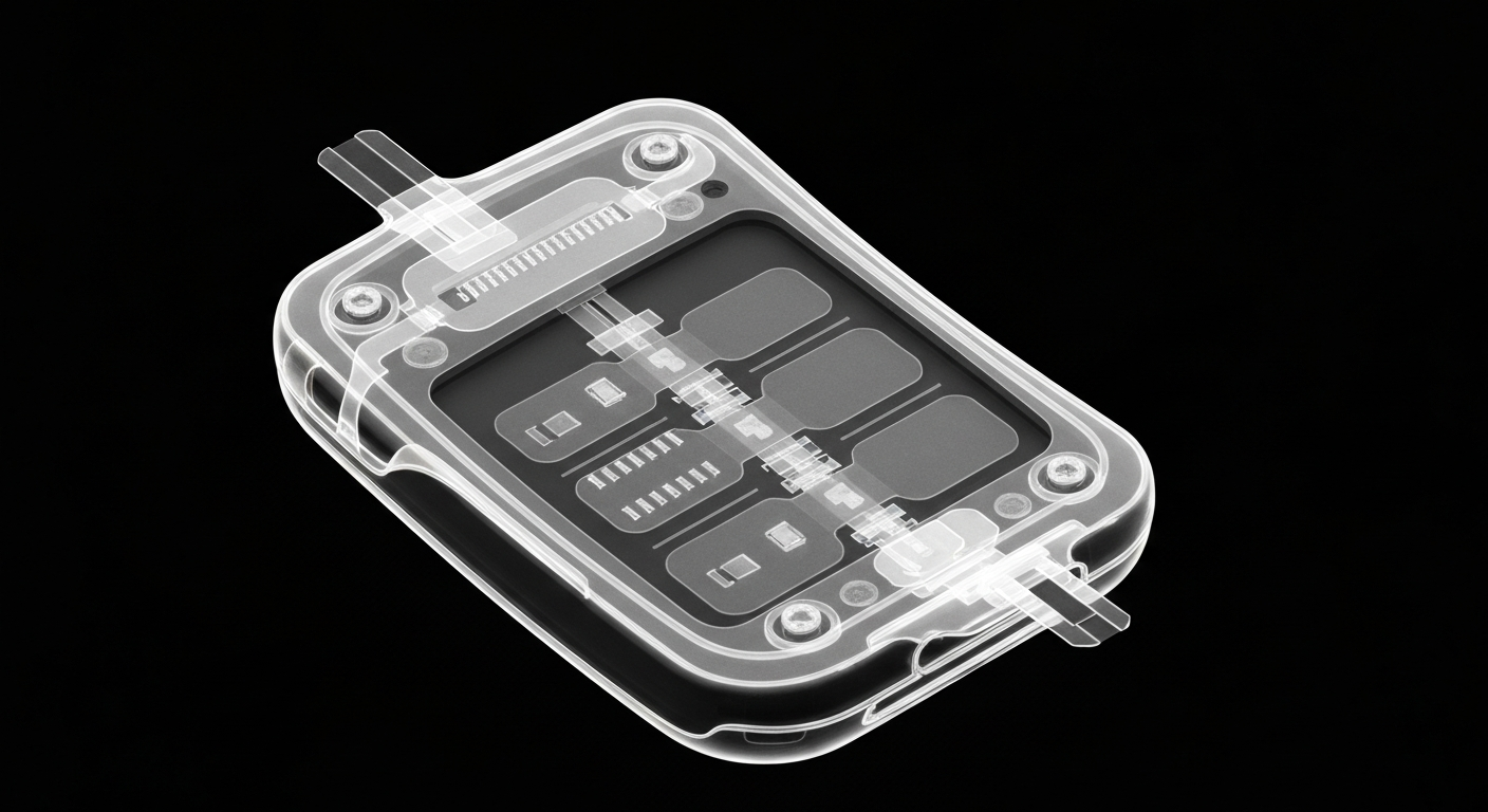An extreme close-up X-ray photograph revealing the internal structure and circuitry of a continuous glucose monitor, conceptually illustrating the technology that helps students with diabetes manage their condition at school.