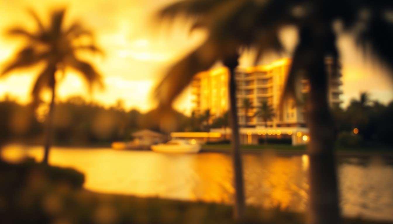 An abstract, impressionistic photograph of a blurred lakeside scene with palm trees and a luxury condominium building, captured in soft, warm light and color.
