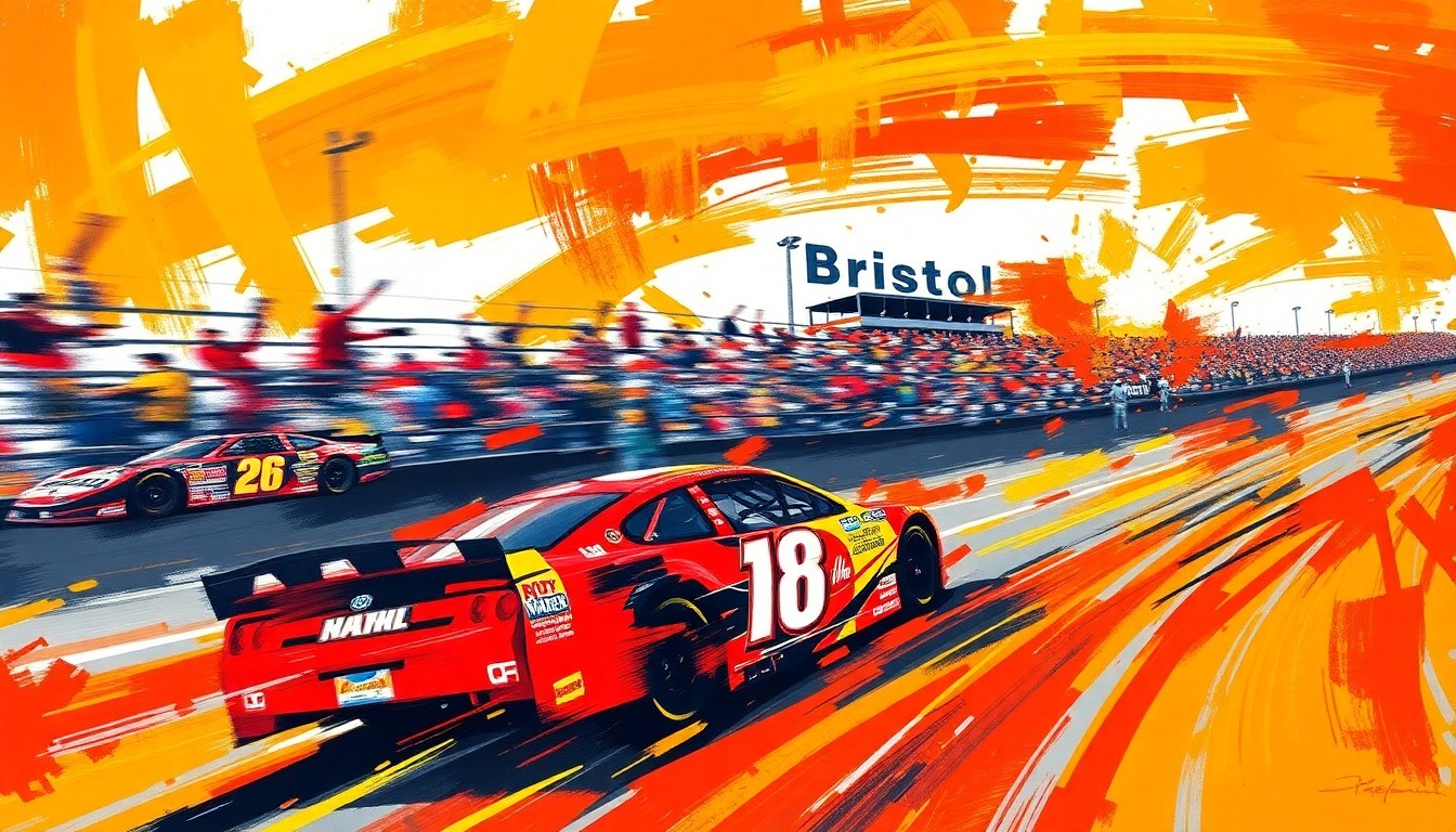 An abstract, energetic painting with sweeping brushstrokes in shades of red, orange, and yellow, capturing the speed and intensity of a NASCAR race at Bristol Motor Speedway.