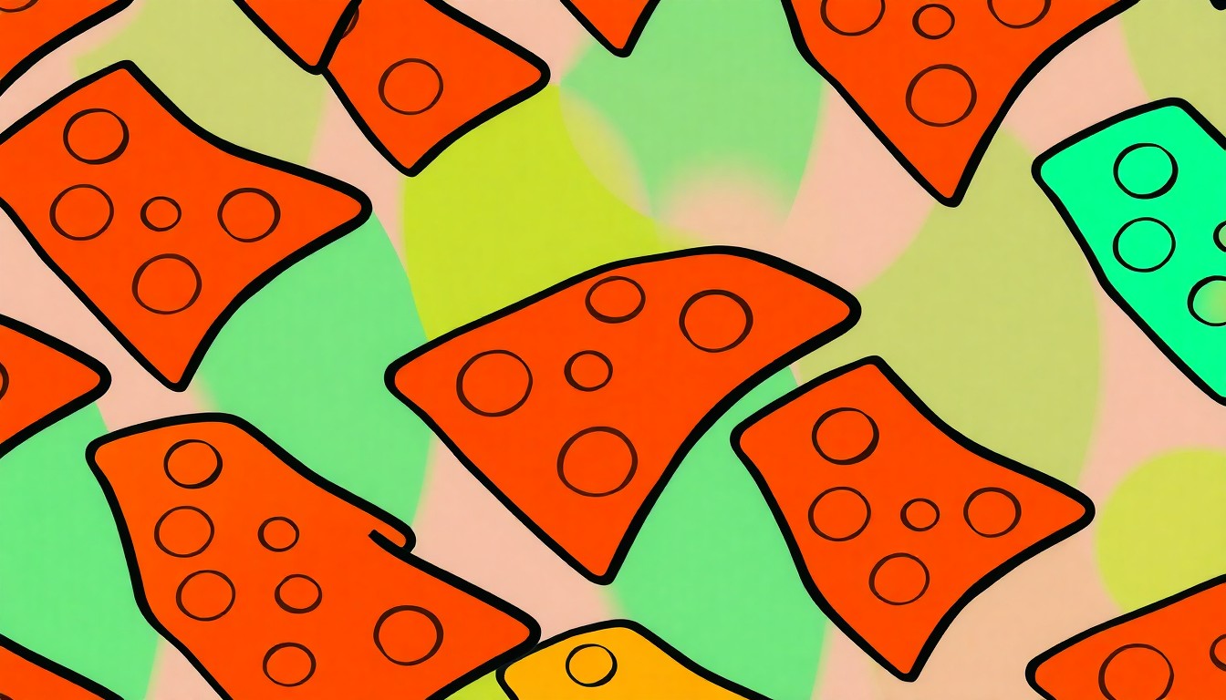 A vibrant, high-contrast silkscreen print featuring a single, iconic pizza slice repeated in a tight grid pattern, rendered in a bold neon color palette with heavy black outlines to capture the essence of a beloved local restaurant.