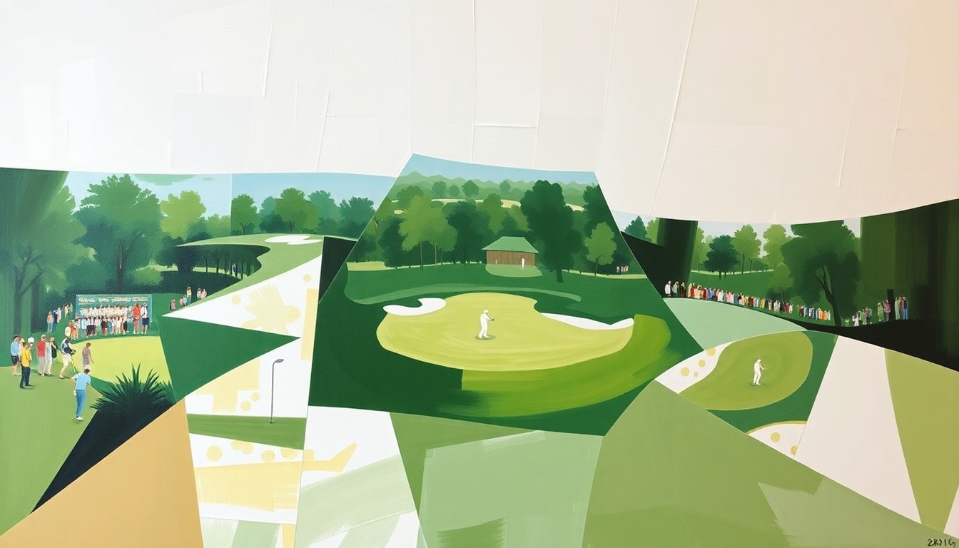 A fragmented, cubist-style painting depicting a golf tournament, with sharp, overlapping geometric shapes in shades of green, white, and tan, conveying the dynamic energy and competitive spirit of the event.